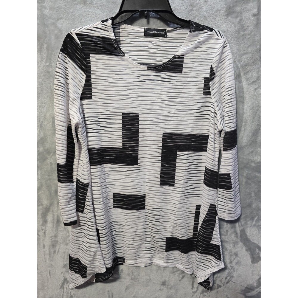 Travel Elements Shirt Blouse Sheer Large Black White Asymmetrical Hem 3/4 Sleeve